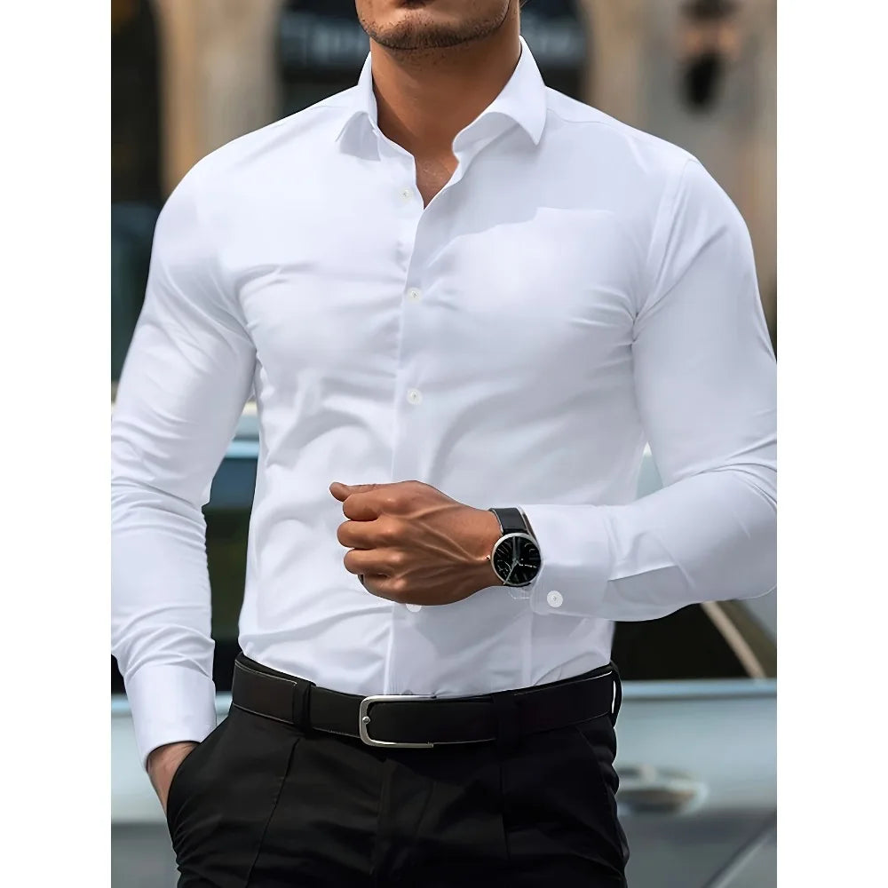 FGKKS New Men Casual Shirt Brand Fashion Solid Color Long Sleeve Elastic Fabric Male Business Dress Shirt